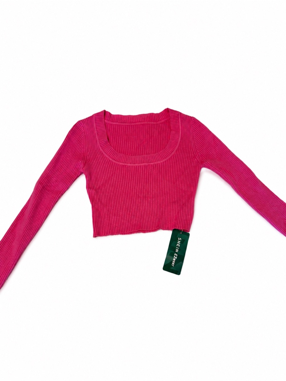 SHEIN Hot Pink Ribbed Long-Sleeve Square Neck Crop Top